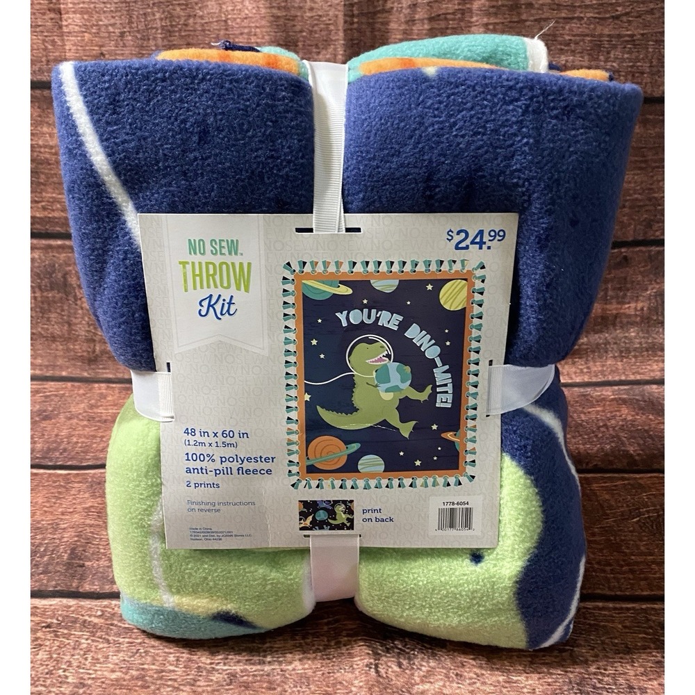Anti-Pill Fleece No Sew Throw Kit You're Dino-mite Dinosaur in Space 48 n x 60 n
